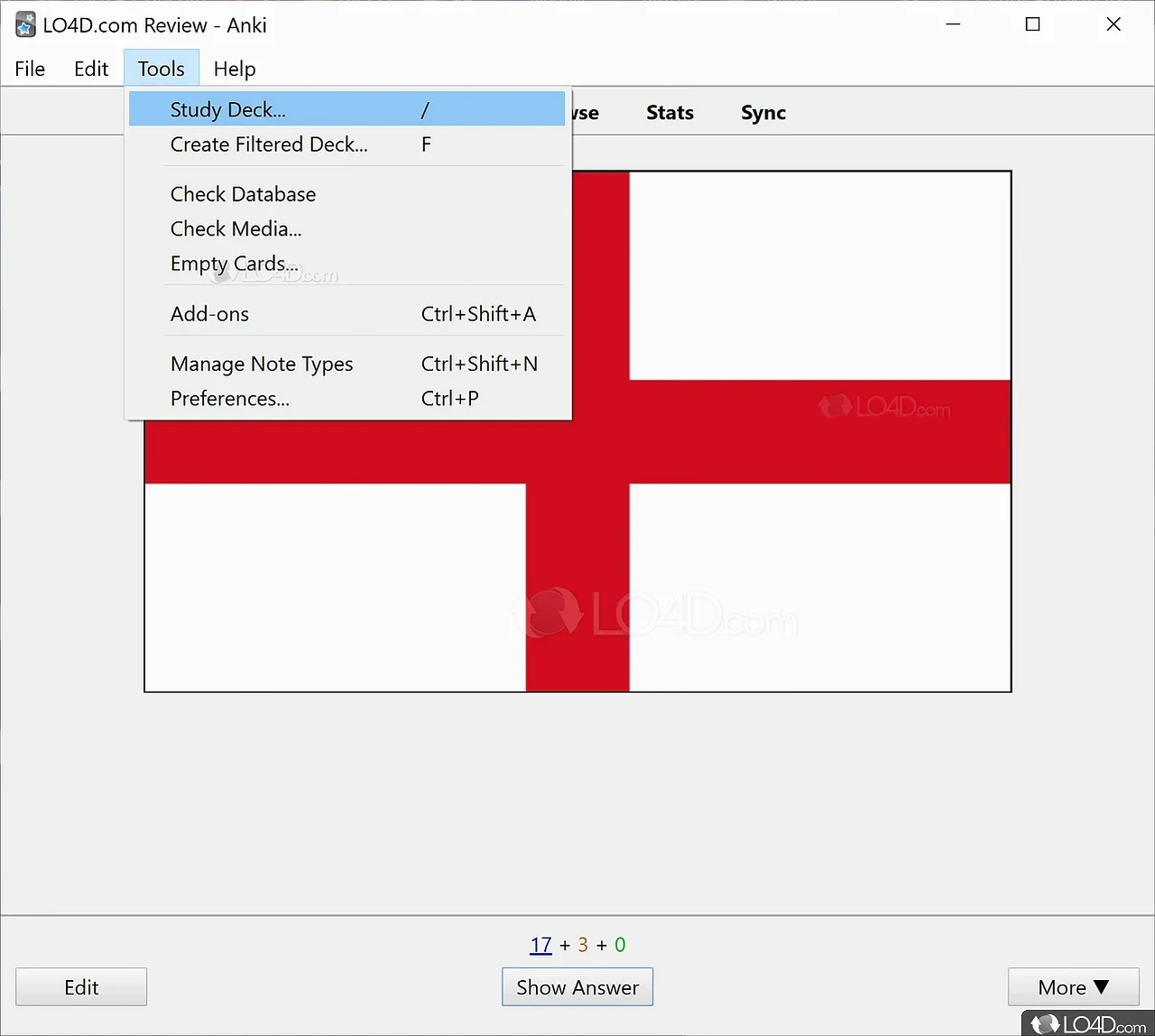 Anki screenshot of Tools menu with Study Deck, Create Filtered Deck, and Add-ons