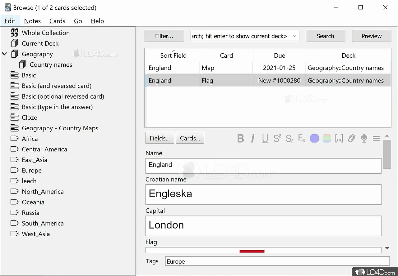 Anki screenshot: note editor for an England geography card
