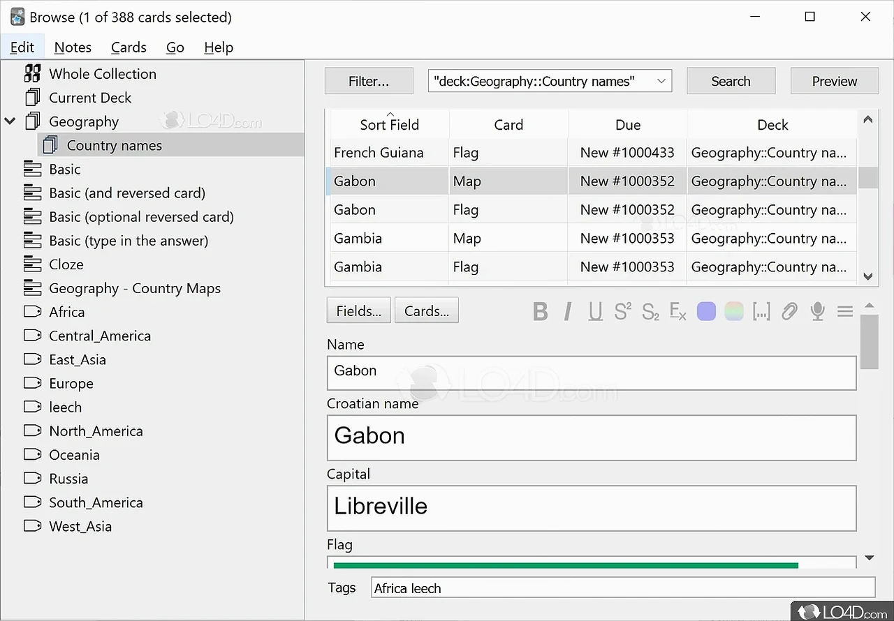 Anki screenshot of the card browser listing Geography Anki decks and country name cards