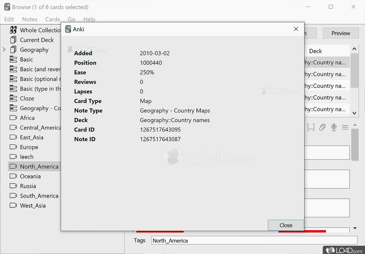 Anki card info screenshot showing ease, reviews, card type Map, note type Geography