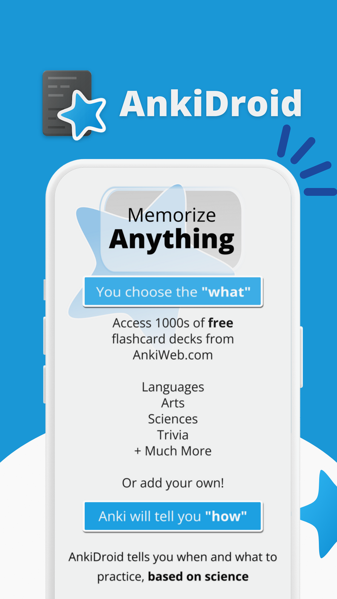 AnkiDroid marketing screenshot mentioning free decks from AnkiWeb.com