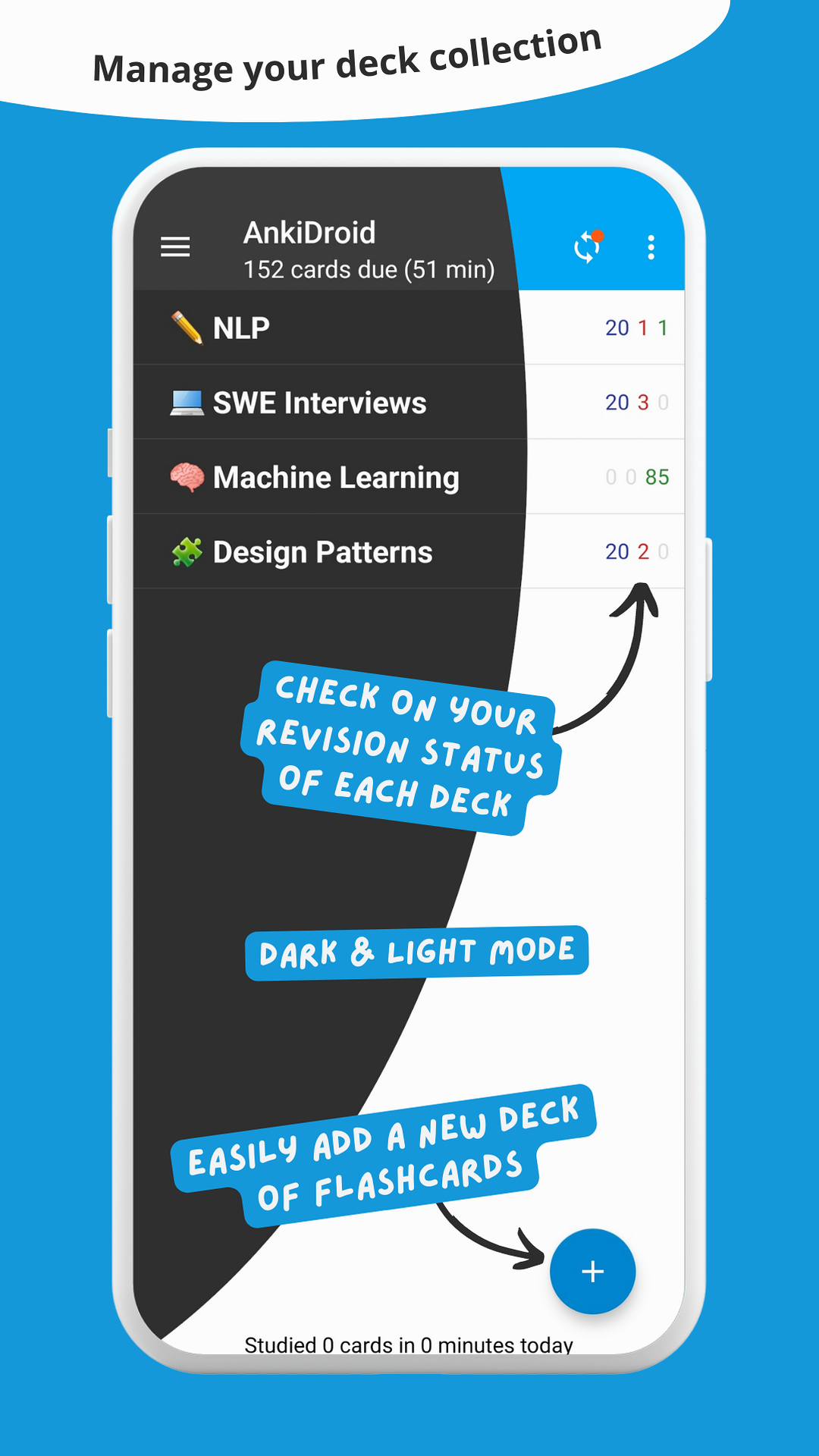 AnkiDroid deck list screenshot in dark and light mode